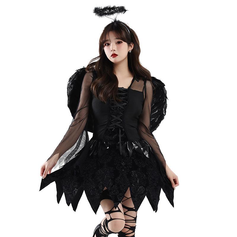 Женский костюм Темного Ангела на Хэллоуин, маскарадный костюм, косплей, черное платье