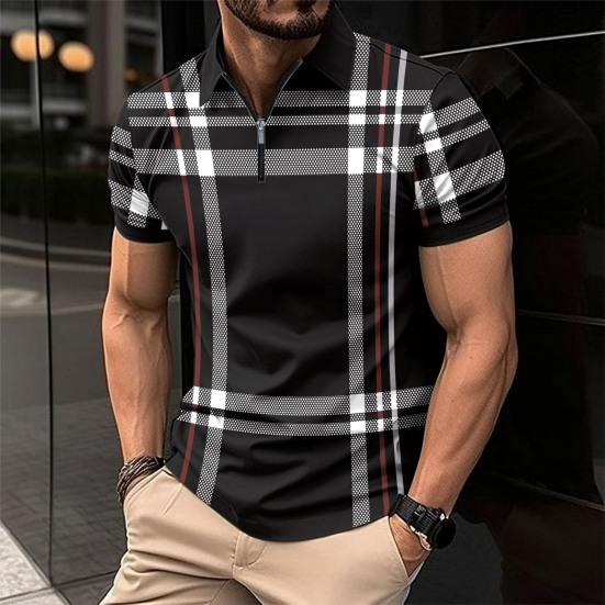 Мужская летняя рубашка на молнии с лацканами в клетку в полоску с принтом Slim Fit пуловер с короткими рукавами средней длины мягкий дышащий мужской деловой топ