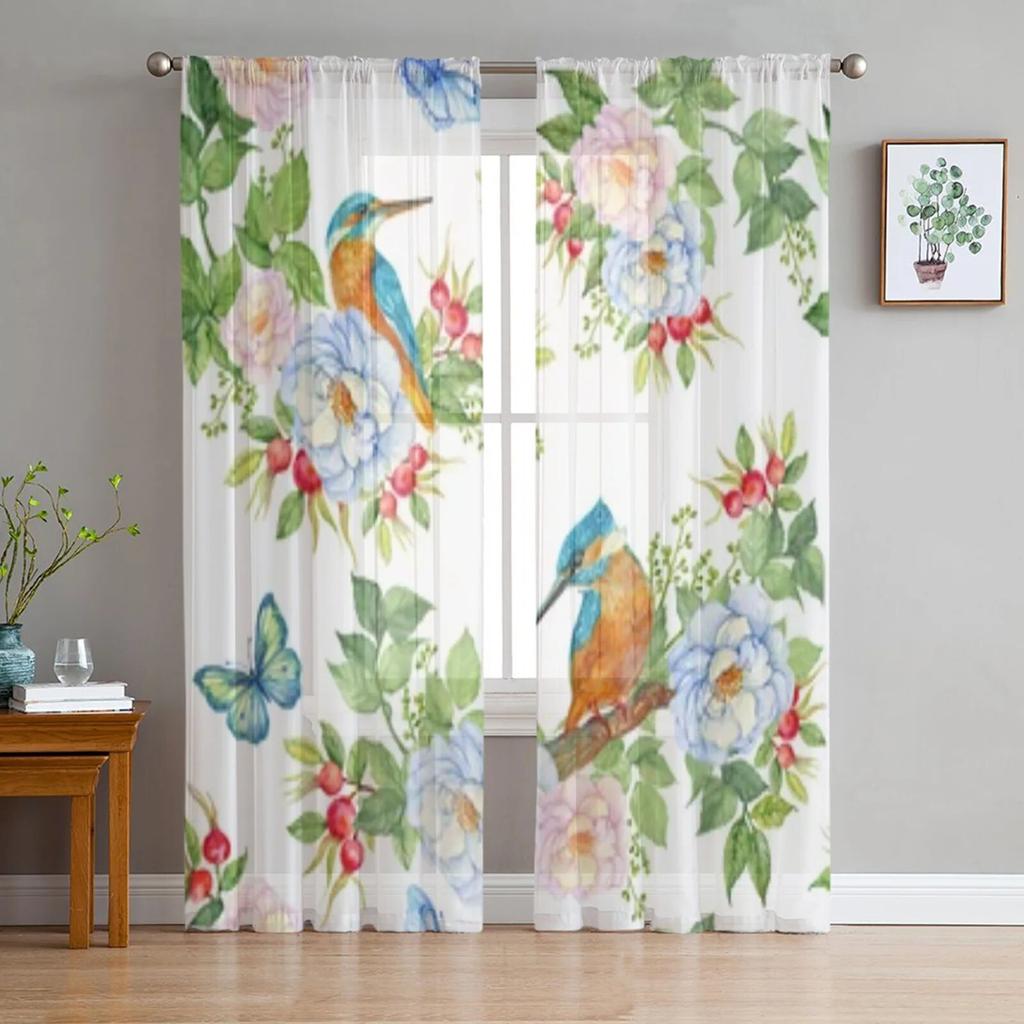 Watercolor Pattern With Birds Tulle Window Curtain For Living Room Bedroom Voile Sheer Curtains Kitchen Treatments Drapes