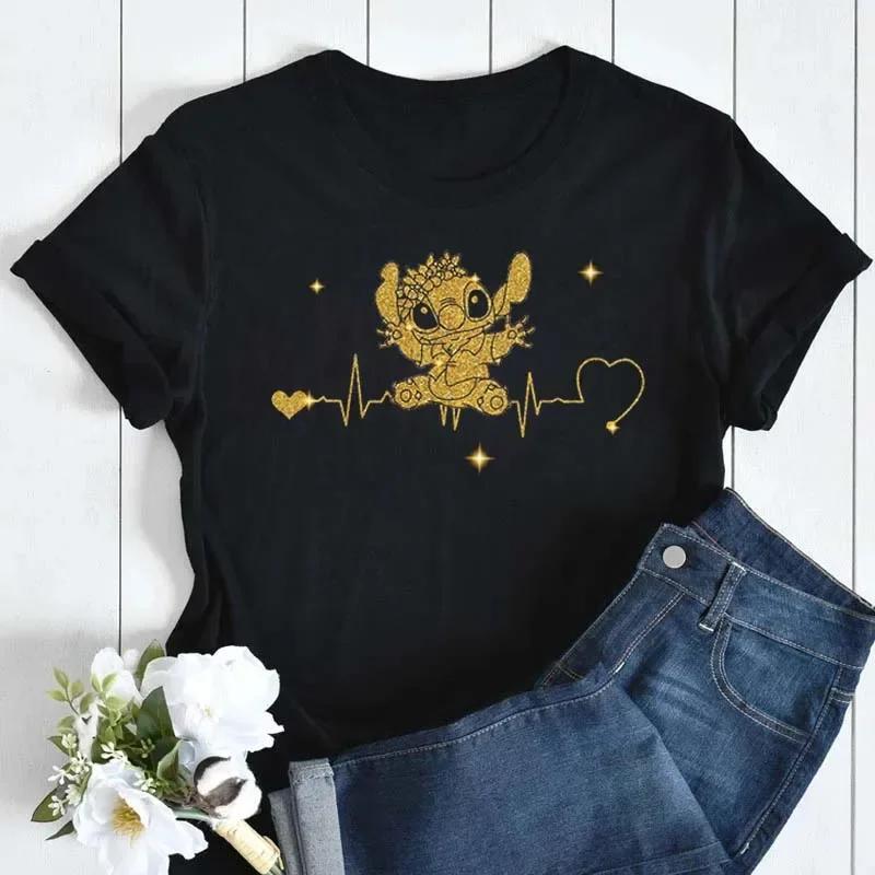 New Disney Women T-shirt Kawaii Lilo Stitch Print Tee Shirts Fashion Short Sleeve T Shirt Female Streetwear Y2k Clothes Top