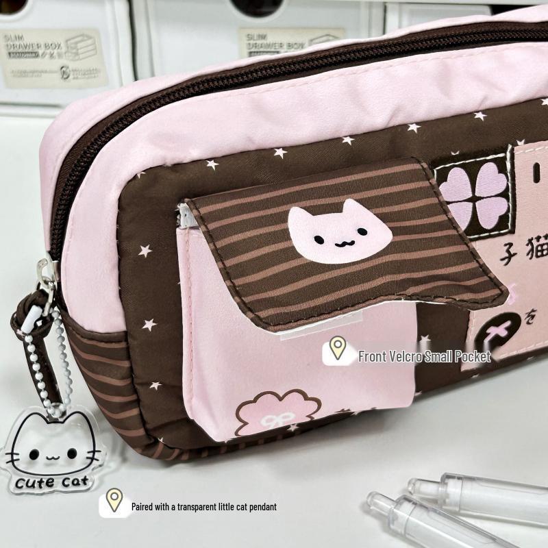 Розово-белый мультяшный котенок Пенал - Большая вместимость для девочек, Модная и милая сумка-пенал для школьников