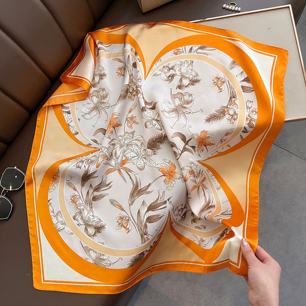 70*70cm Floral Print Decorate Silk Square Scarfs for Women Neck Ties Fashion Bag Ribbions Femamle Hijab Sunscreen Shawl New