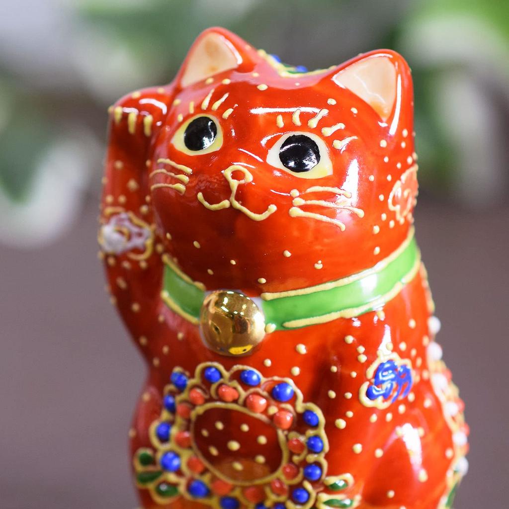 Stylish Kutani Ware Maneki Neko Riding an Reddish from Waza No Perfect for Store or As a Ornament, Right-Handed (Lucky Cat) Oval, Brown, Kura.