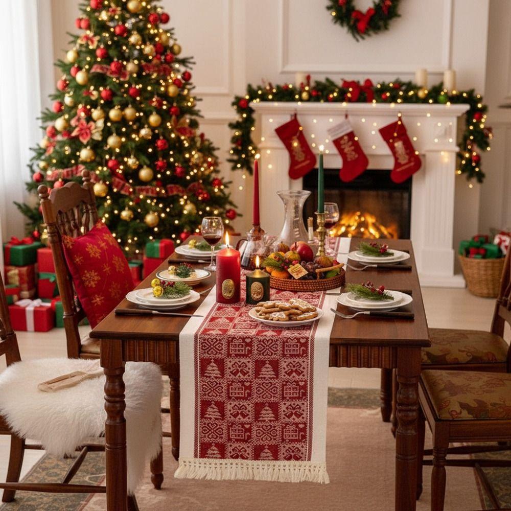 Прямоугольная Рождественская скатерть-дорожка Утолщенная с принтом Рождественской елки и лосей Настольный флаг Моющаяся Рождественская настольная декорация
