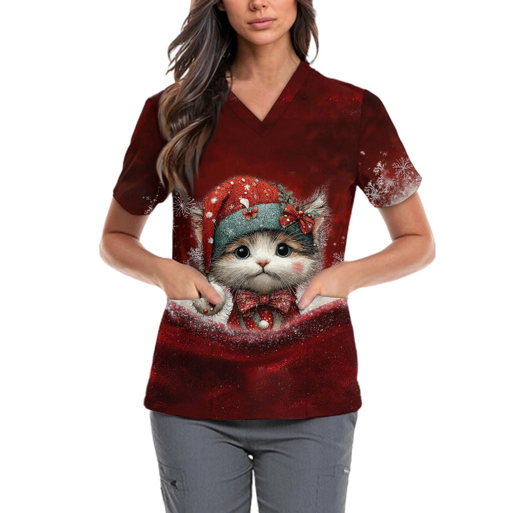 Женская милая блузка с принтом бантиков, рабочая одежда, V-образный вырез, двойной слой, карманы, базовая, с коротким рукавом, пуловер