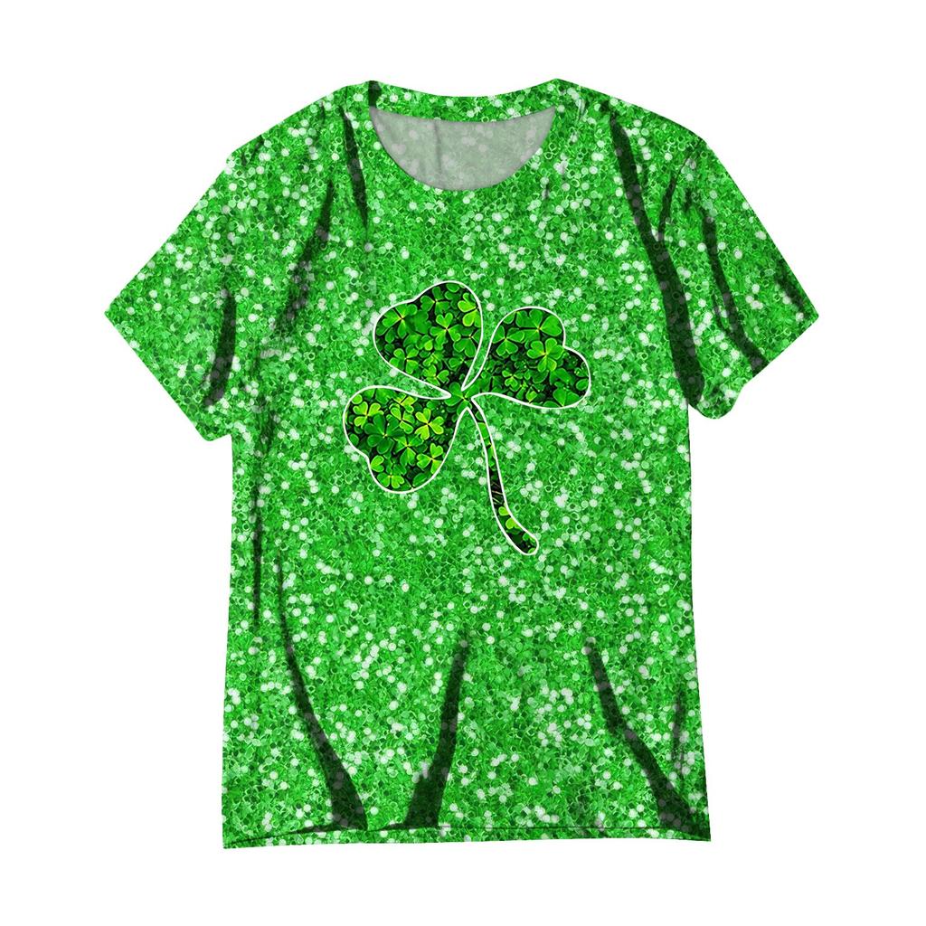 Women's  Casual Short Sleeve Shirts Fashion St Patrick's Print Tunic Tops With Pockets