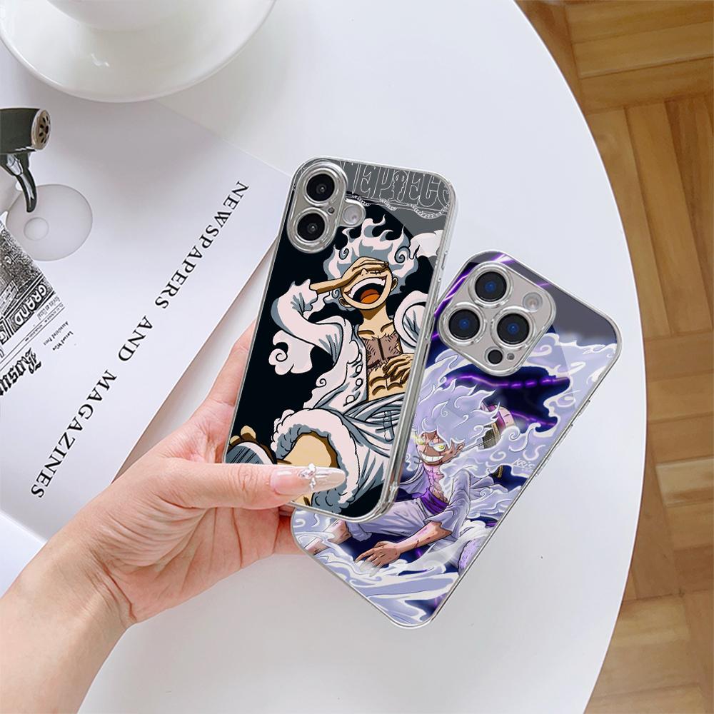 Чехол для телефона N201 One Piece Luffy Gear 5 art для iPhone 16 15 Pro Max 8 Samsung S24 S23 A54 A35 Redmi Note 13 12 Pro с позолоченной рамкой и закаленным стеклом