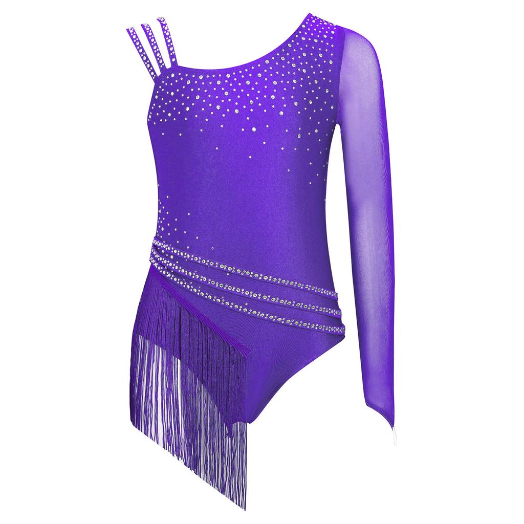 Girls Sparkling Rhinestones Fringe Leotard Irregular Tassel Bodysuit Figure Skating Dance Performance