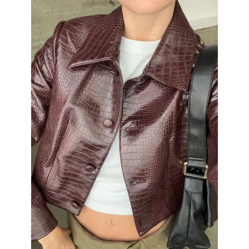 Короткое женское кожаное пальто бордового цвета с лацканами и эффектом крокодиловой кожи, куртка High Street на пуговицах, новая осенняя женская верхняя одежда
