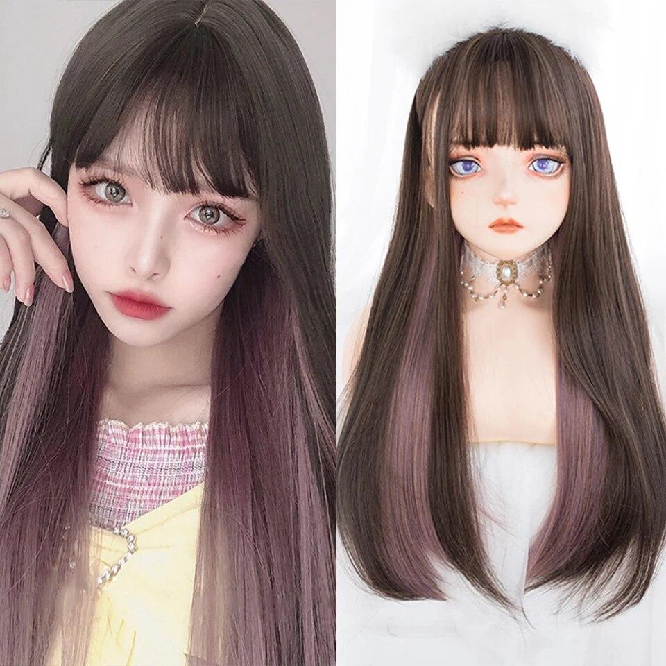 Синтетический длинный прямой розовый парик женский косплей парик с челкой термостойкое волокно повседневные накладные волосы для вечеринок