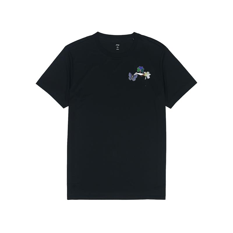 Li Ning Тренировочная серия Вышивка бабочки Однотонный логотип Дышащая спортивная футболка с коротким рукавом Унисекс Топы Черный ATSS463-1(КОМАНДА702-3.4.20)