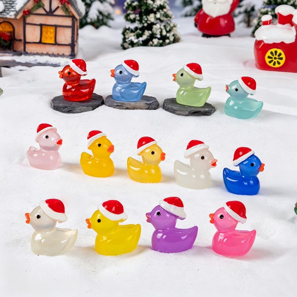 100Pcs Glow in the Dark Mini Christmas Duck Figurines Tiny Luminous Resin Santa Hat Ducks DIY Crafts Desktop Decor