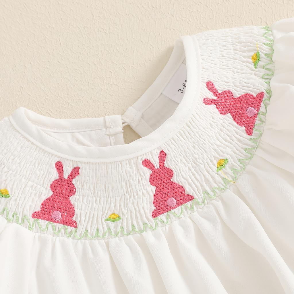 Детский пасхальный комбинезон для девочки с короткими рукавами-фонариками и вышивкой в виде кролика, присборенный комбинезон для новорожденного