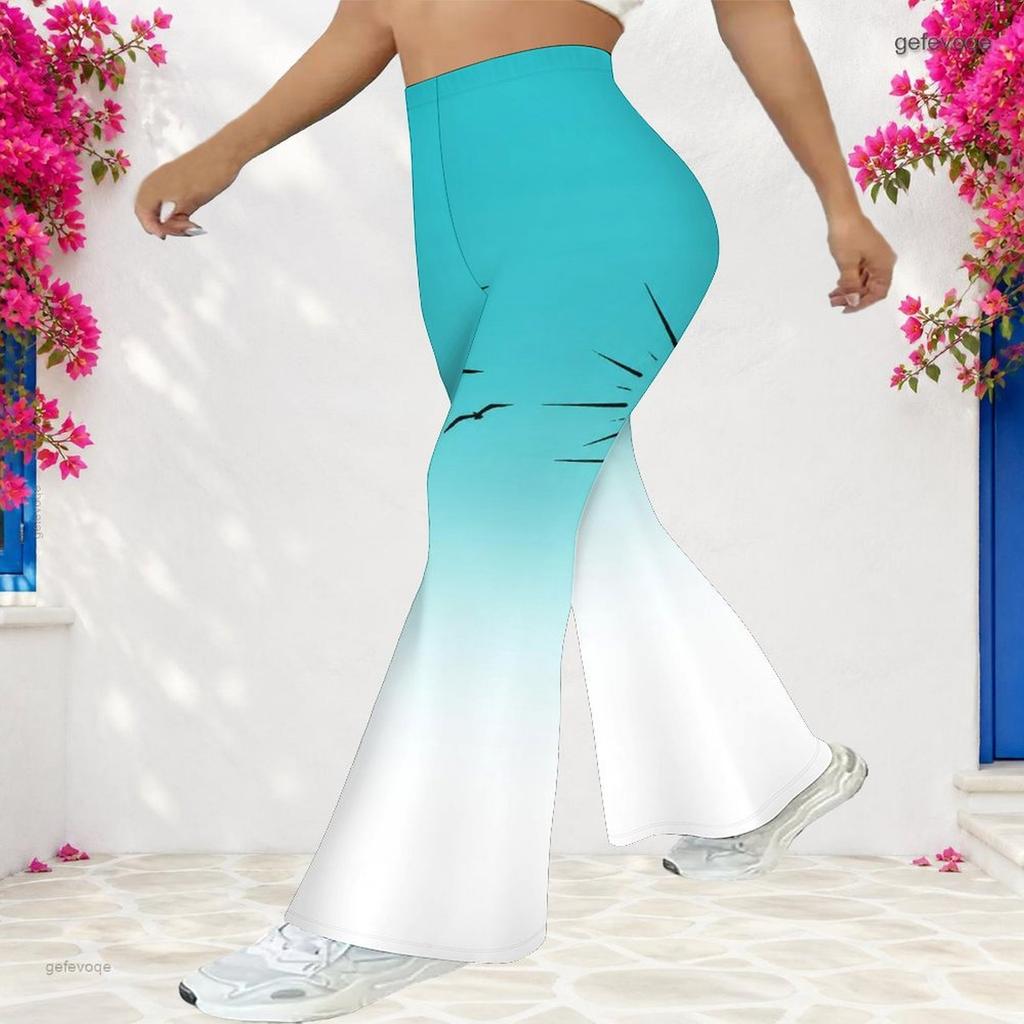 Women Plus Size High Waist Full Length Flared Pants Gradient Palm Tree Printed