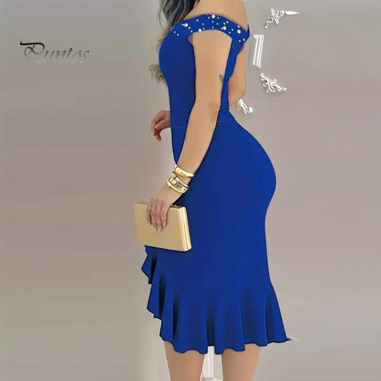 Evening Dress Off Shoulder Sheath Sleeveless Irregular Ruffle Hem Slim Fit Solid Color Faux Pearl Decor Midi Dress for Party Prom Wedding