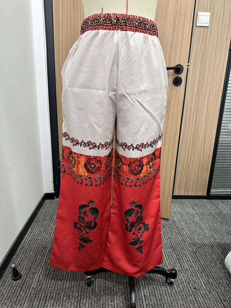 Женские брюки из хлопка и льна с высокой талией и ретро-принтом