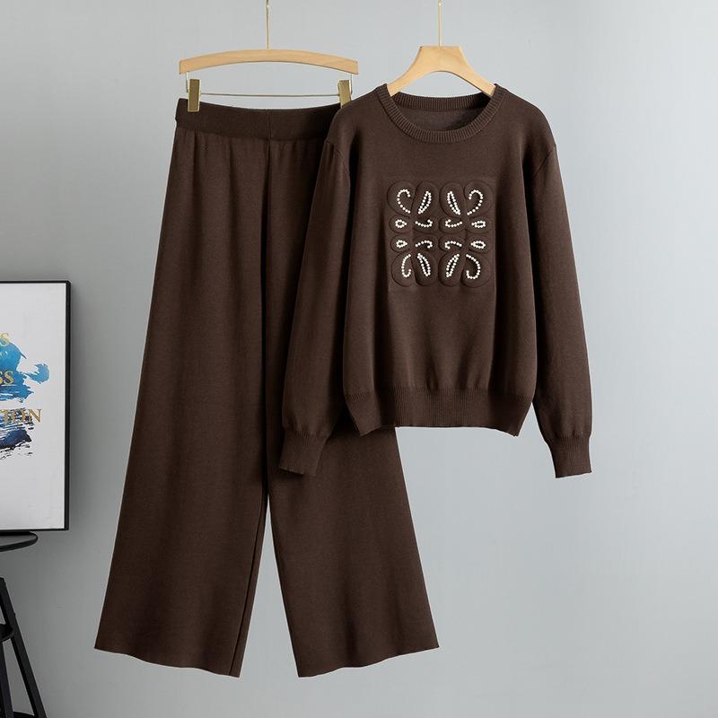 Плюс Размер Женский Новый Осенний Вязаный Свитер Широкие Брюки Мода Простой Темперамент Двухсекционный Костюм