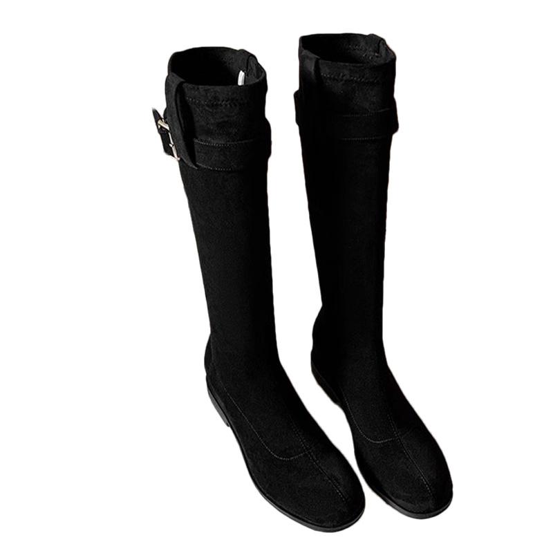 Женские высокие сапоги на плоской подошве из замши с пряжкой в стиле ретро, тренд 2025 года, новый бренд, классические зимние ботинки средней длины для мотоциклистов