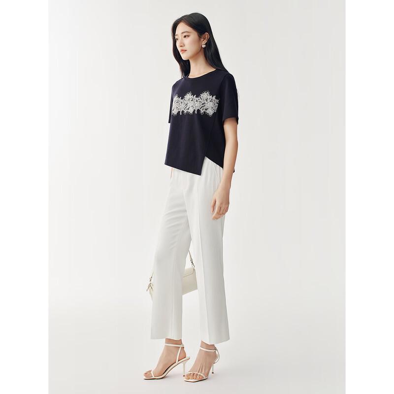 JUZUI Women's Lace Patchwork Irregular Hem H-Line T-shirt