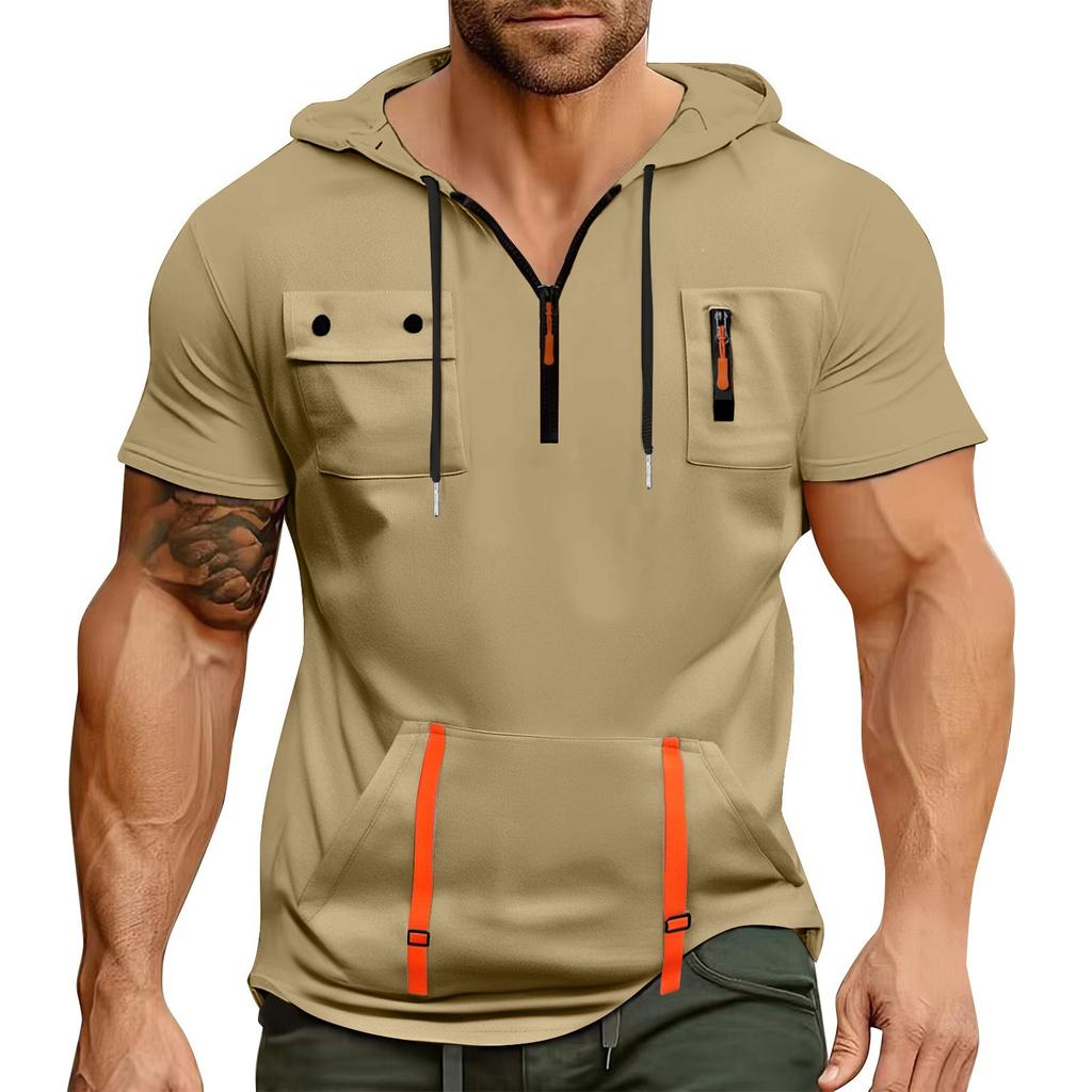Men's Summer Shirt Zipper Pocket Short Sleeve Hooded Sweatshirt Men's Sports Large Size Casual Sweatshirt