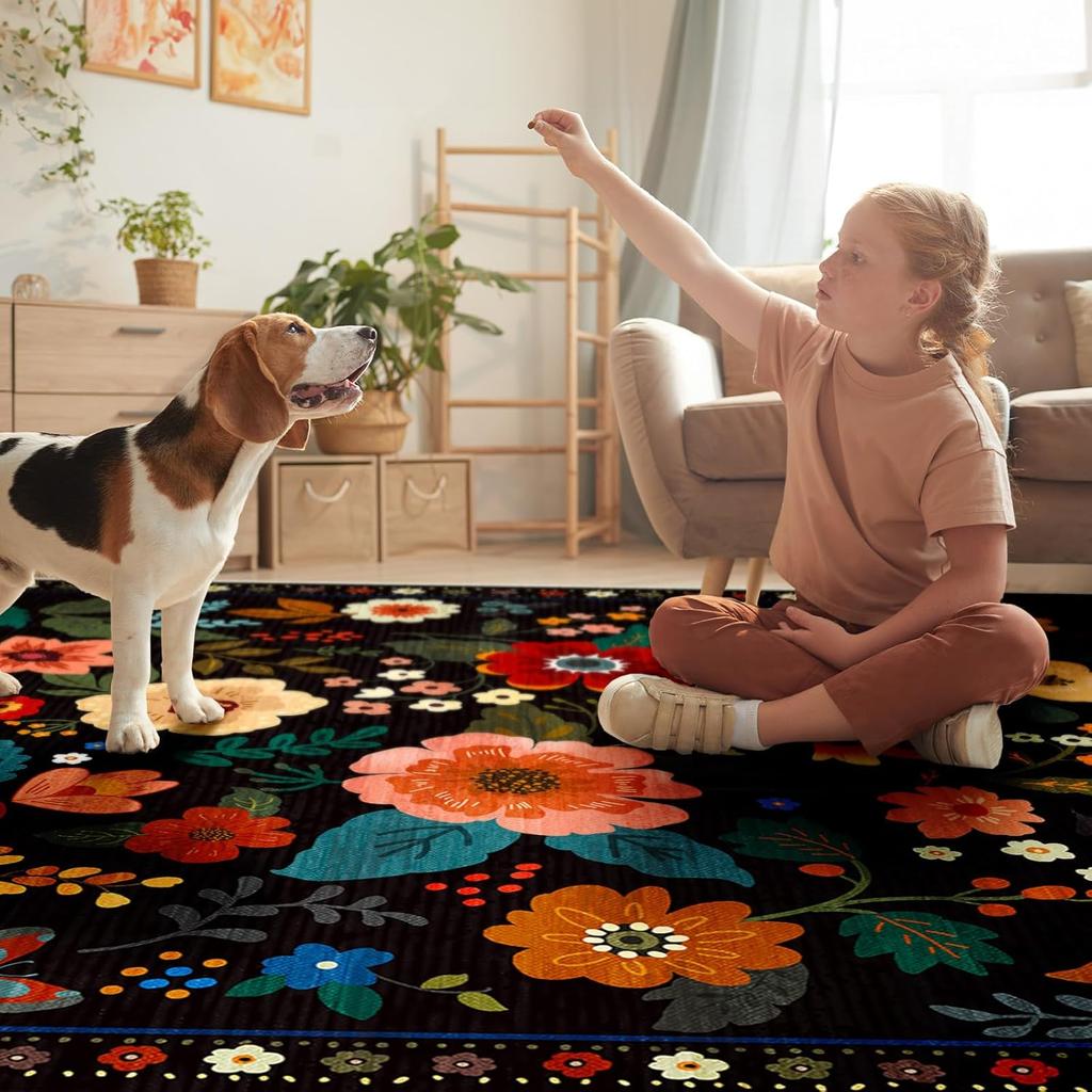 Crystal velvet carpetFloral Area Rug Machine Washable Soft Print Boho Carpet Non Slip Doormat Low Pile Flower Area Rugs for