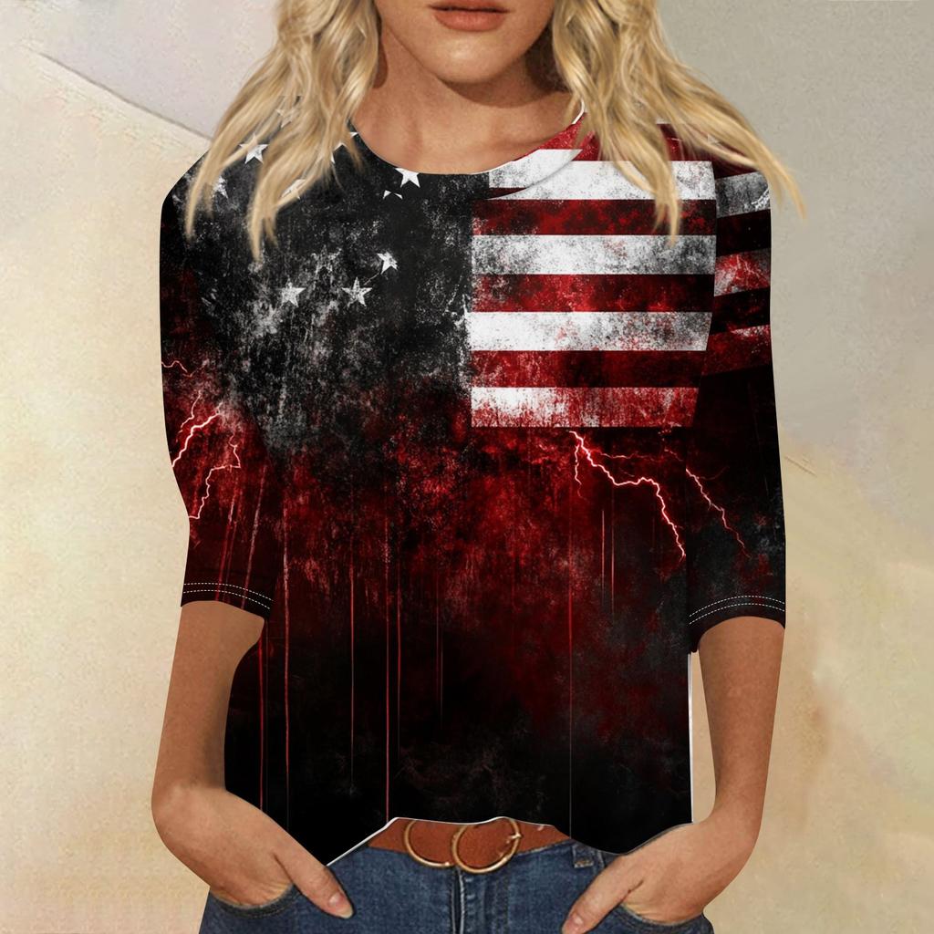 Женская мода повседневная 3/4 рукав День независимости принт круглый вырез пуловер топ