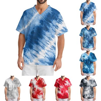 Мужская рабочая блузка с короткими рукавами и v-образным вырезом с принтом, топ с нагрудным карманом