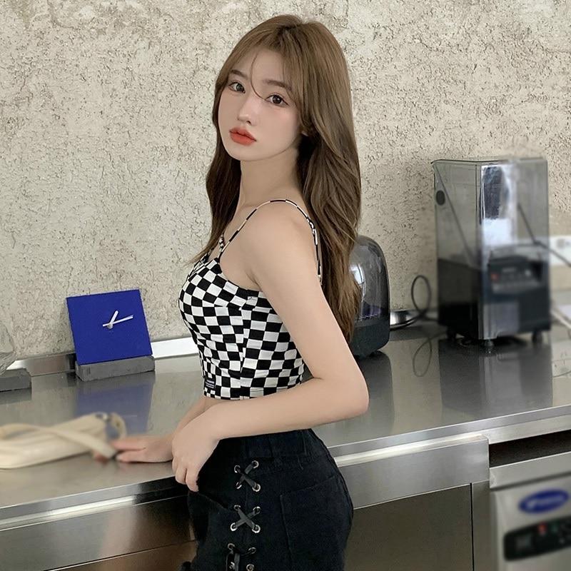 Женский корейский клетчатый тонкий укороченный топ на молнии с открытым пупком