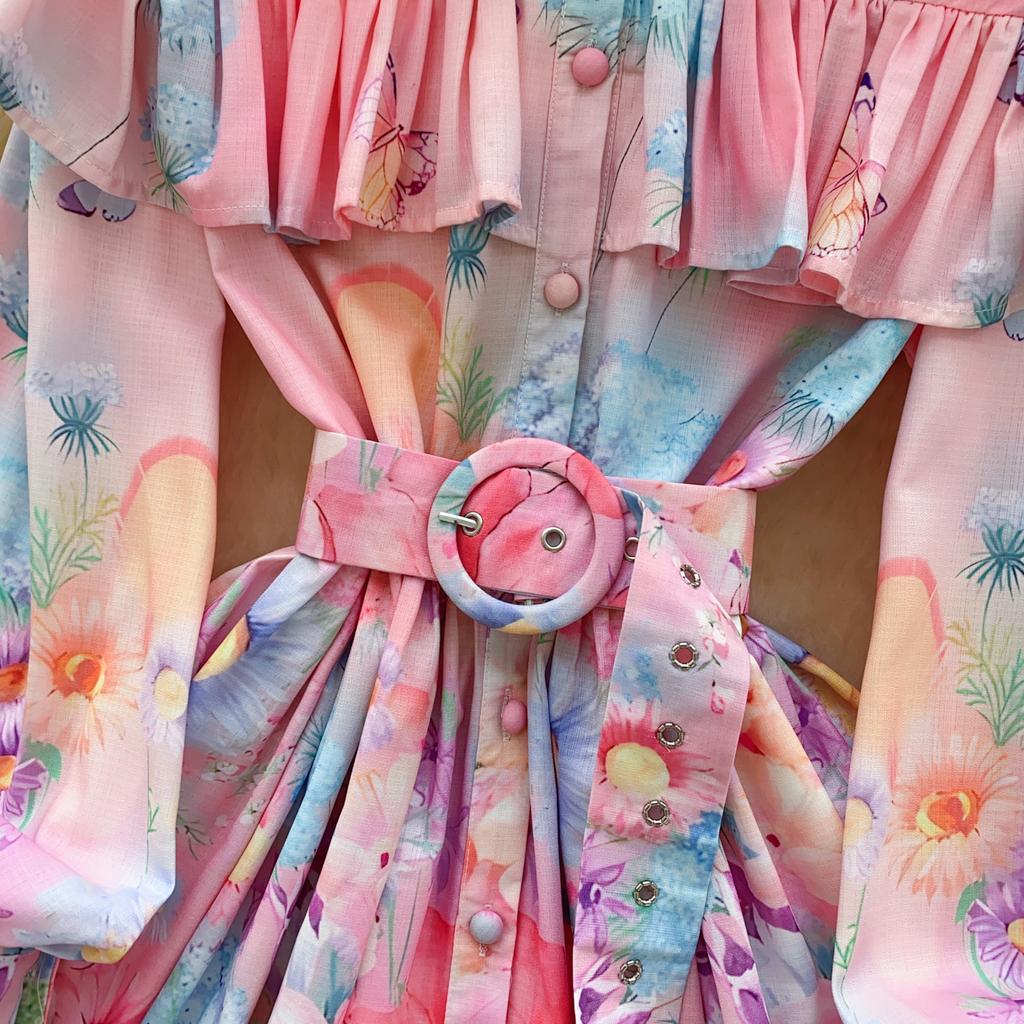 Spring Summer Women Elegant Lantern Sleeve Ruffles Mini Short Princess Holiday Party Dresses With Belt