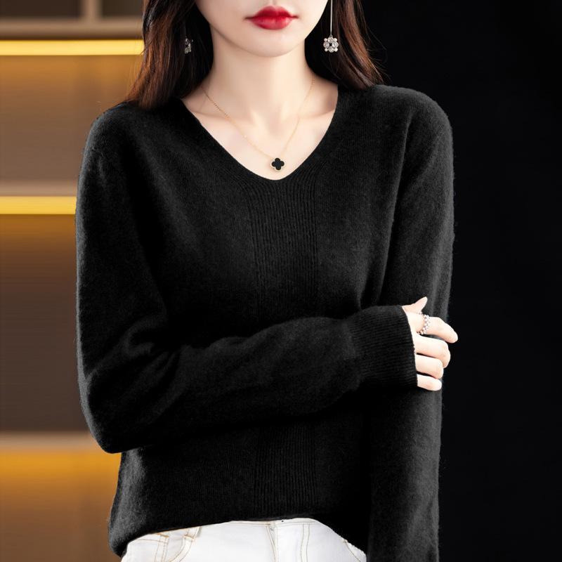 Spring and Autumn Women's Knit Sweater V-neck Long-sleeved Knit Sweater Solid Color Pullover Thin Top Gentle Wind Knitted Bottoming Shirt