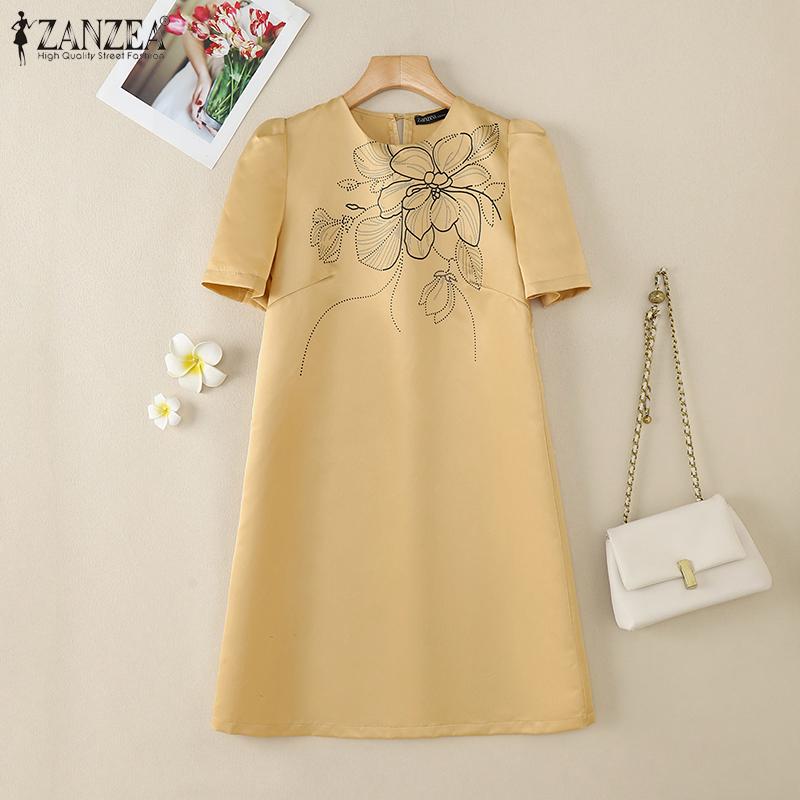 ZANZEA Женское летнее повседневное платье с коротким рукавом и круглым вырезом с принтом