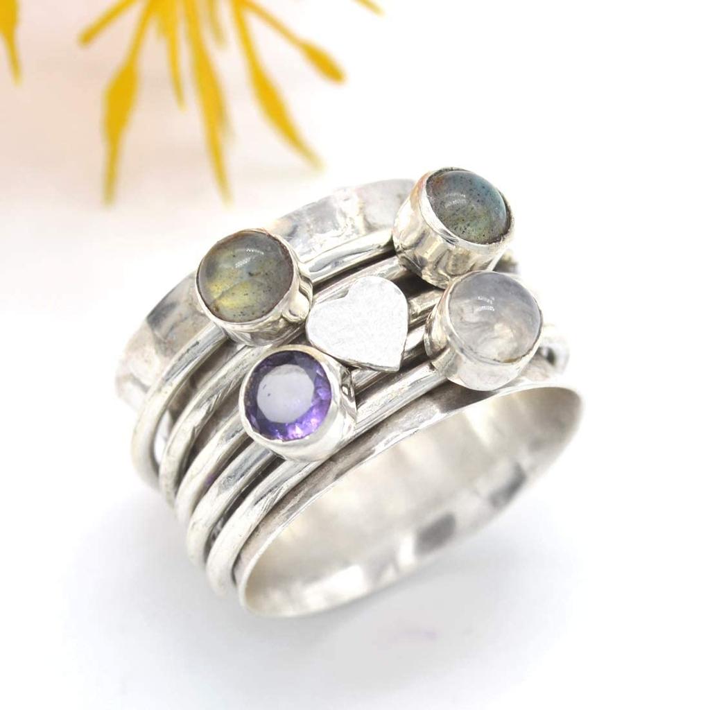 Серебро 925 пробы, кольцо с несколькими драгоценными камнями, кольцо-спиннер ручной работы, ювелирные изделия в стиле бохо, дизайнерское кольцо, эффектное кольцо. Спиннер-бэнд