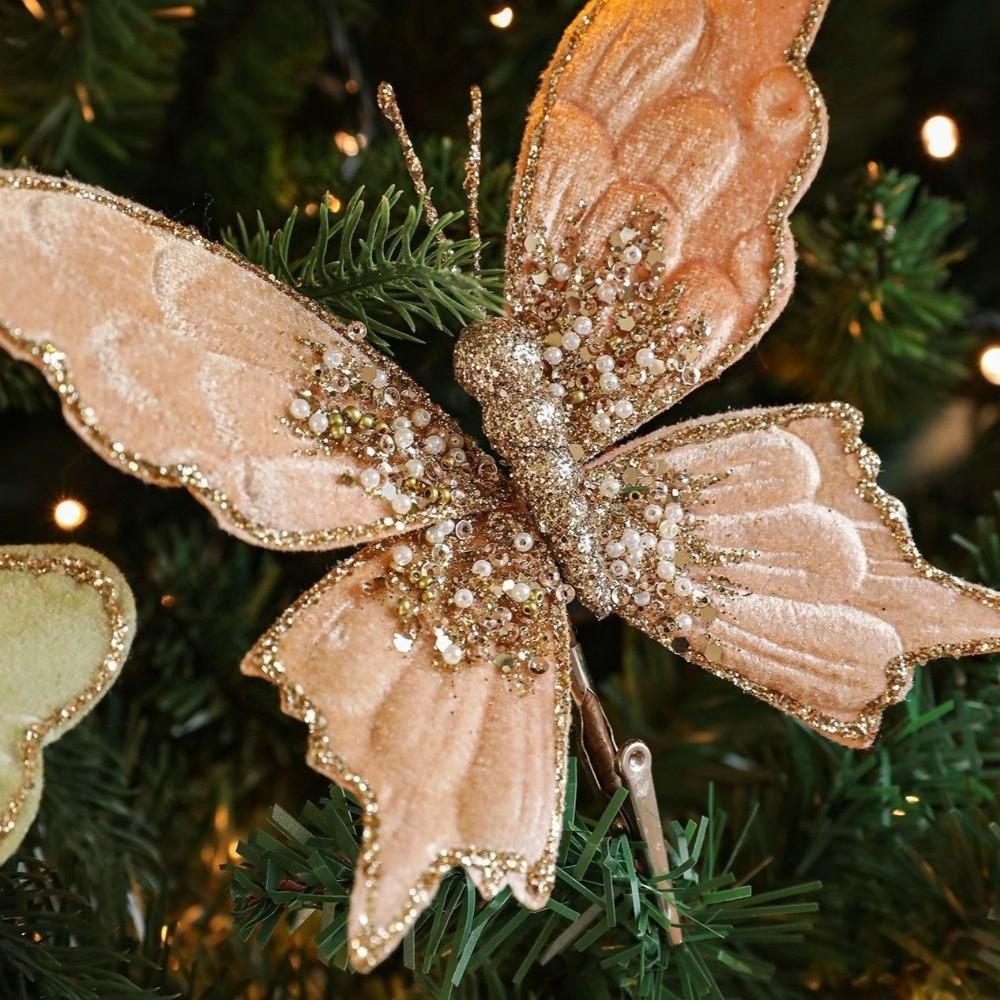 Glitter Butterfly Christmas Flower Sequins Simulated Artificial Butterfly Clip Flocking Exquisite Christmas Tree Decoration