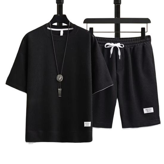 2024Повседневный наряд, модный повседневный наряд длиной до колена на шнурке, футболка с вафельной текстурой, широкие шорты, наряд для отдыха, повседневная одежда