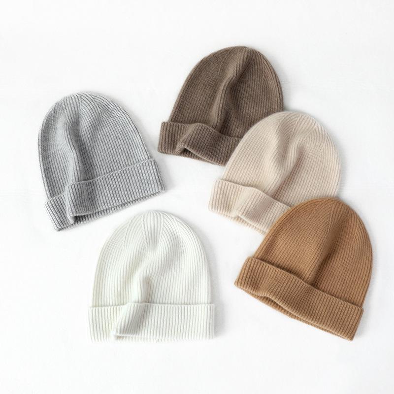 Women's 100% Pure Cashmere Hat - Stylish Solid Color Ear Protection for Autumn/Winter