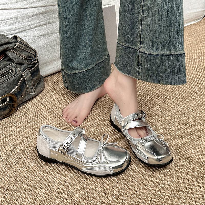 Французские ретро серебристые туфли Мэри Джейн женские лето 2025 новинка нишевые туфли-балетки с бантом женские одинарные туфли