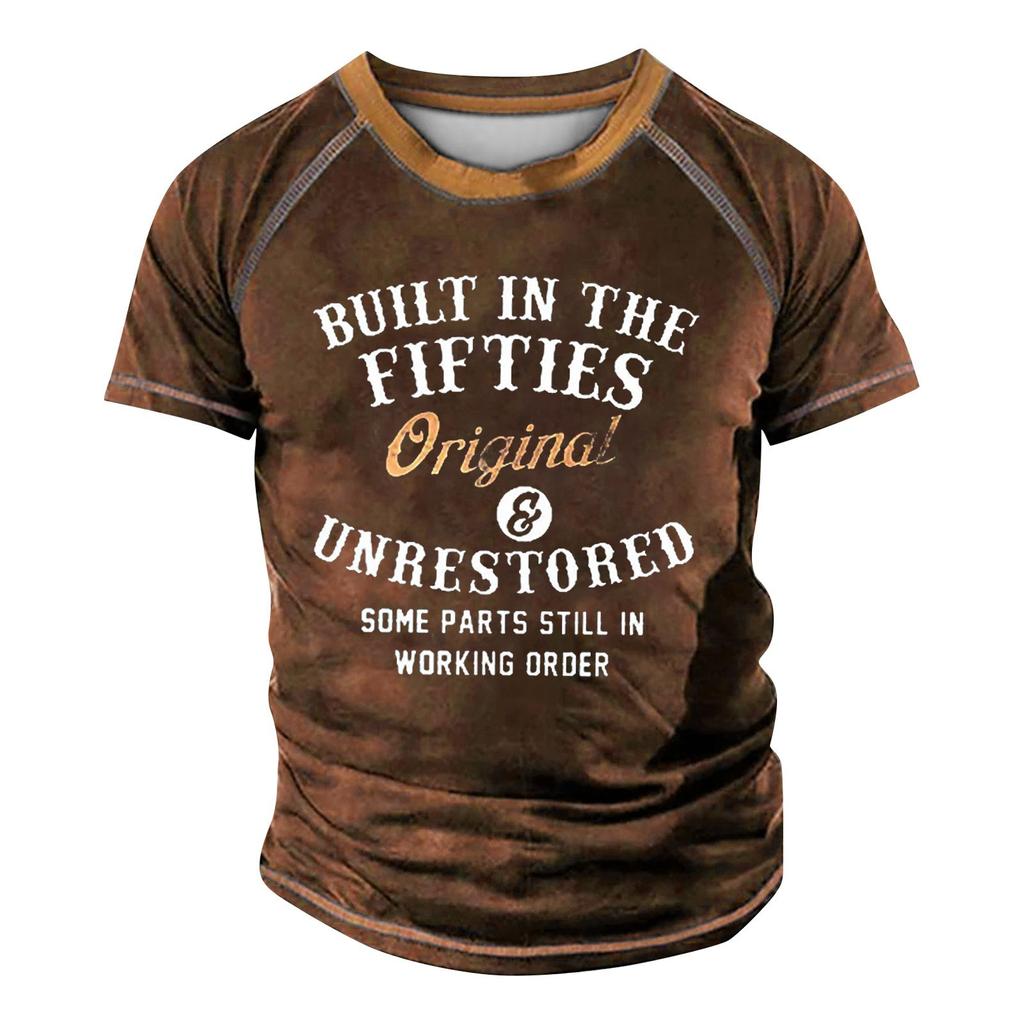 Мужская футболка реглан в стиле ретро с коротким рукавом и круглым вырезом с буквенным принтом, топы