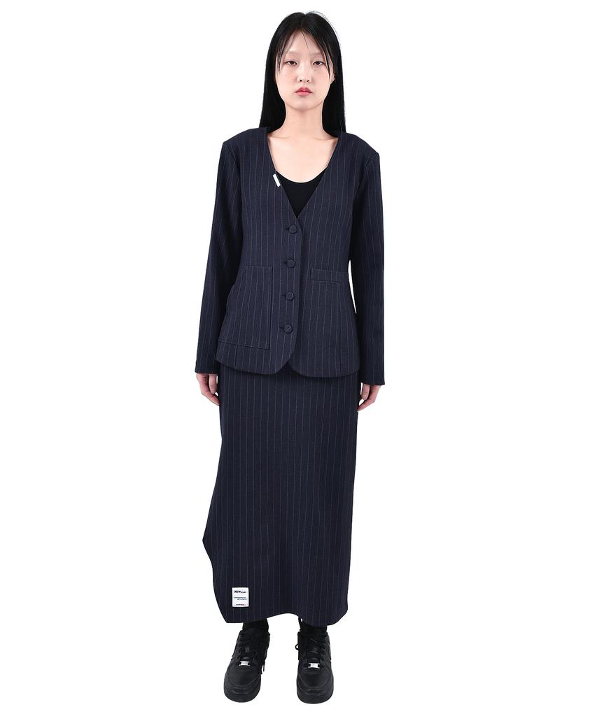 Katharsis Collarless Dress Jacket Navy Pinstripe Free