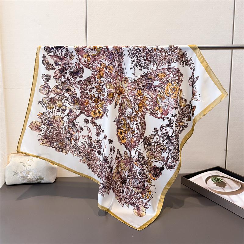 70Cm Vintage Square Silk Scarf Soft Satin Shawl Floral Butterfly Print Bandana for Women Neck Scarves Hairband for Trip and Gift