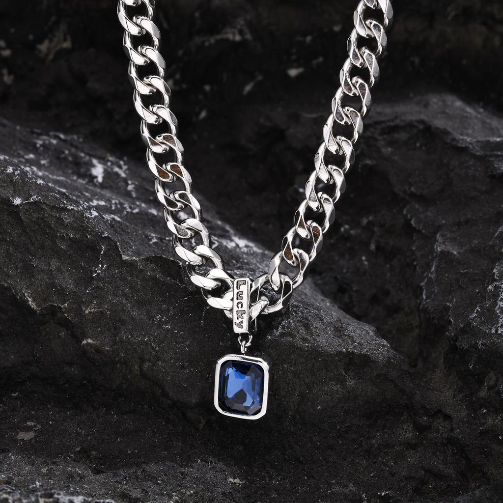Geometric Square Blue Stone Pendant Necklaces, Stainless Steel Lucky Collar, Unisex Cuban Link Chain Chokers
