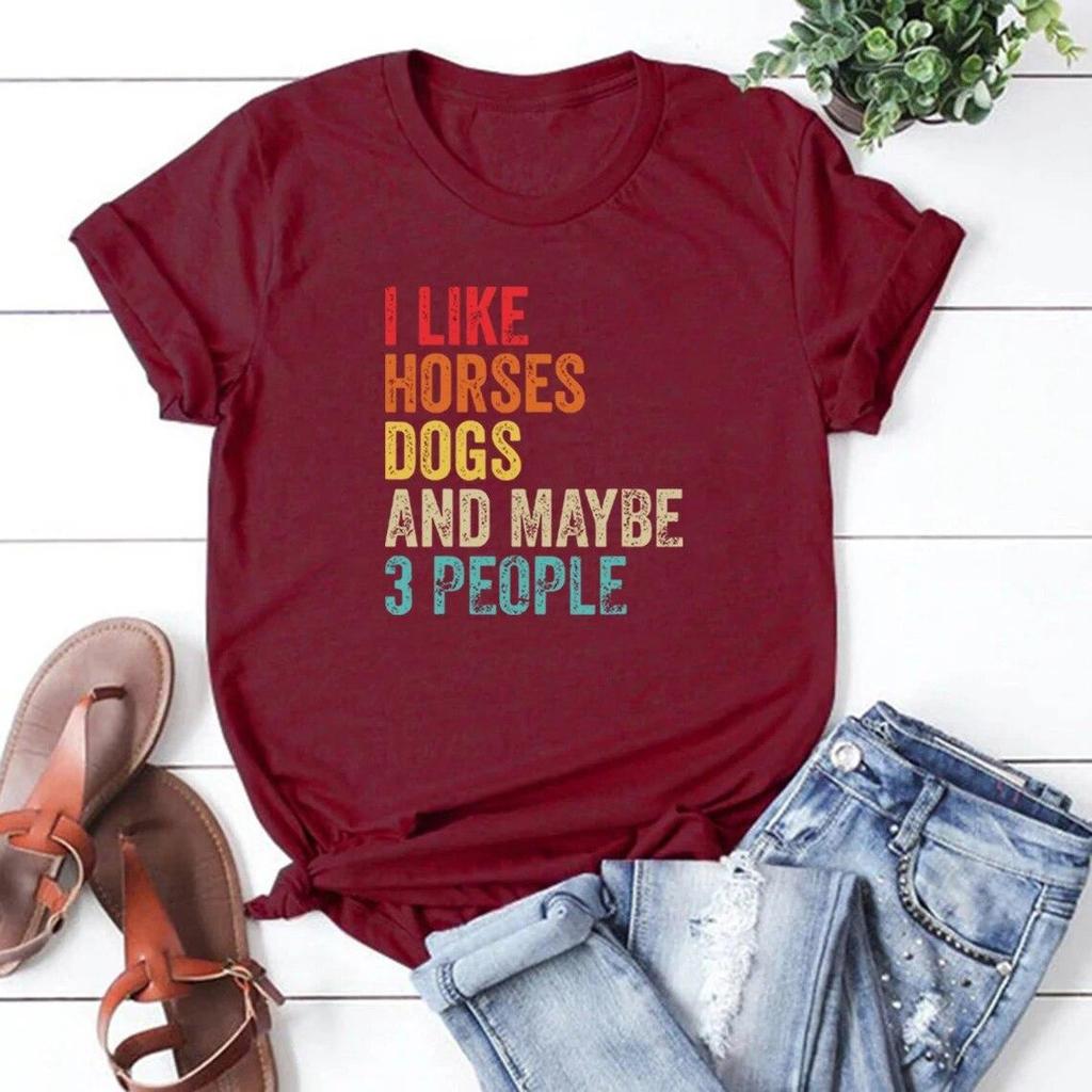 Футболка с надписью «I Like Horses Dogs and Maybe 3 People», футболка с надписью «Horse Lover», футболка для девочек с изображением лошадей, женские футболки с графическим принтом, винтажные топы с коротким рукавом