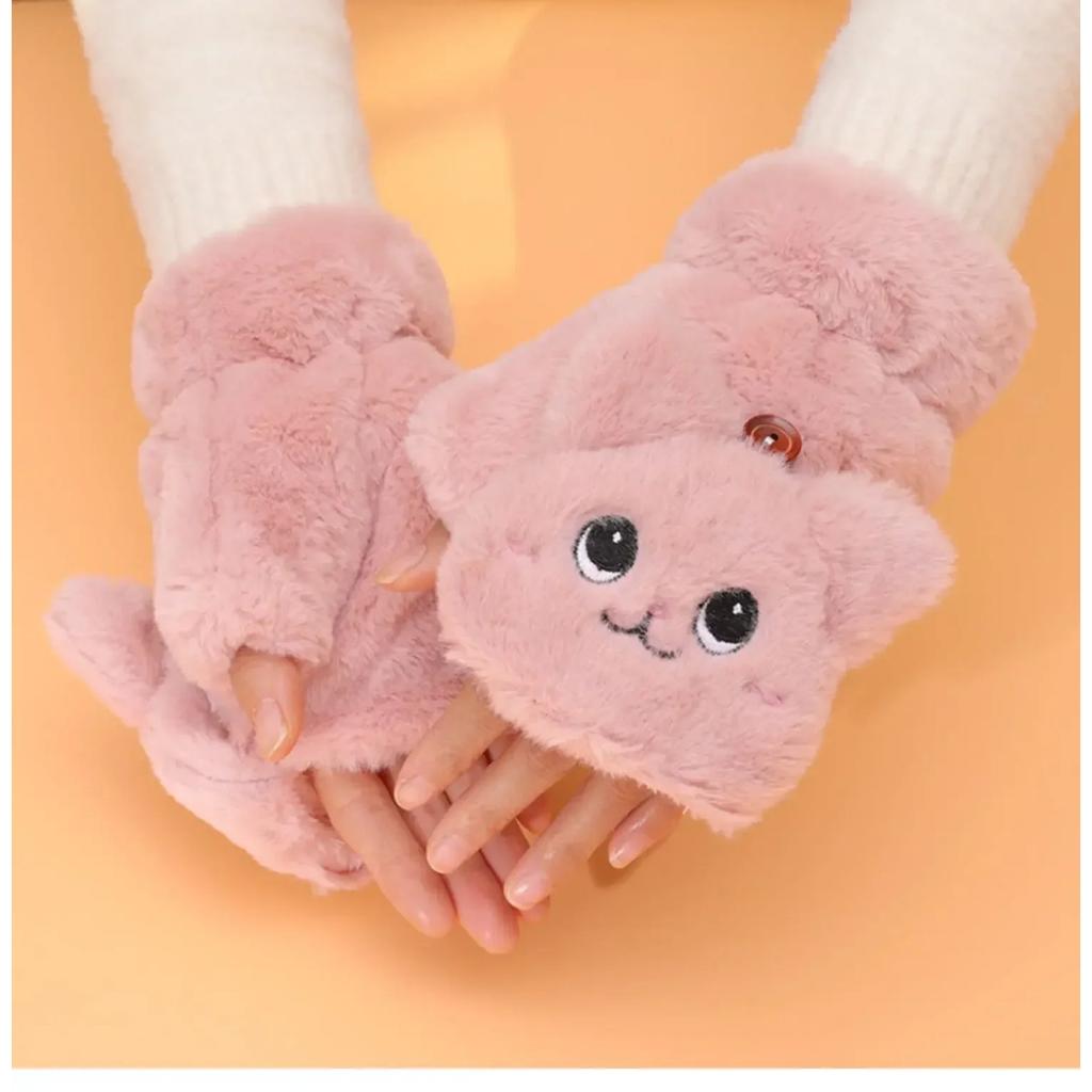 Women Winter Plush Cat Mittens Fingerless Gloves Plush Warm Glove Winter Soft Thick Gloves for Women Girl Flexible Half Finger