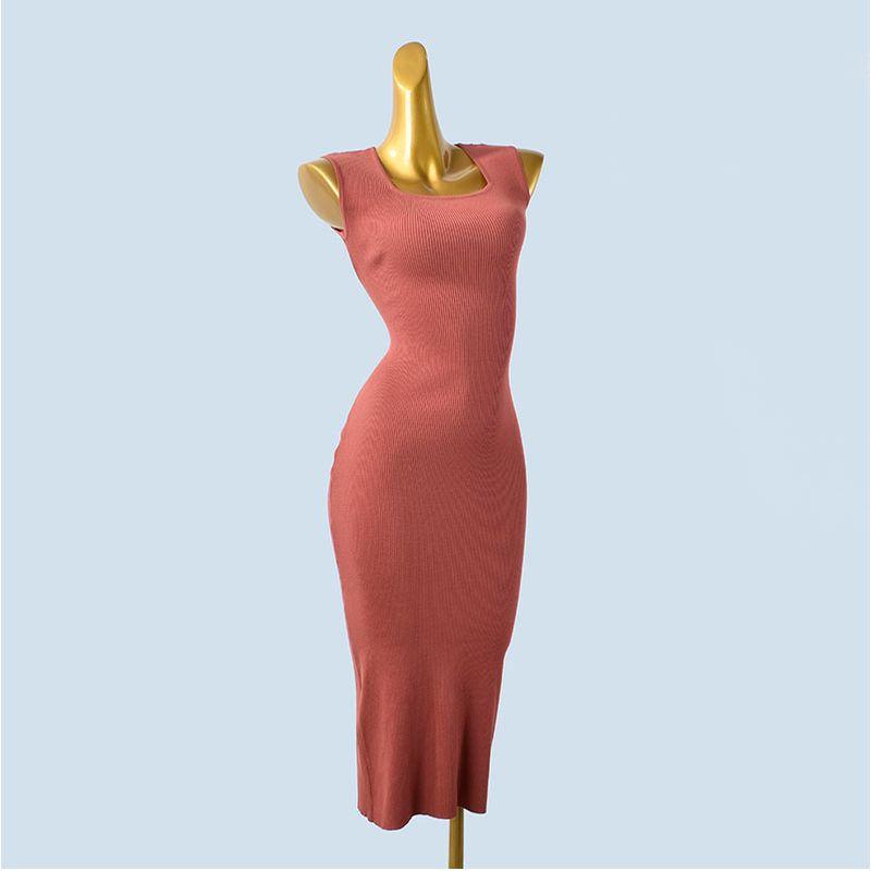 Trade Order U Collar European and American Sleeveless Open Waist Slim Fit Split Knitted Sheath Mid-Length Women Slimming Dress Spring and Autumn