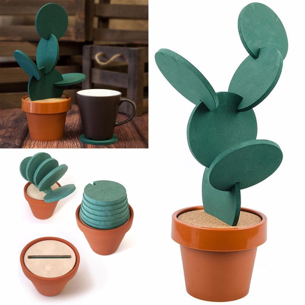 6Pcs/Set Cactus Coasters Cup Beverage Mats Pads With Plastic Flower Pot Holder