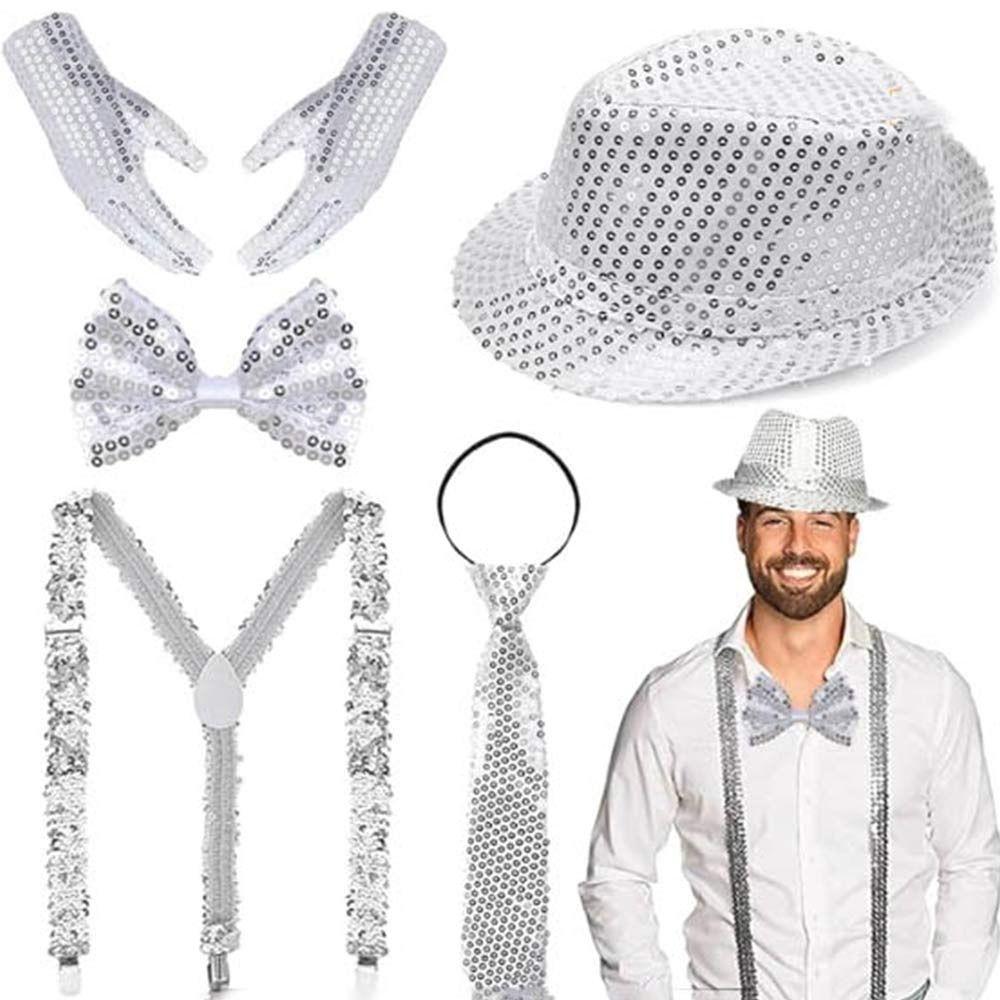Блестящий набор с пайетками: шляпа, галстук, перчатки. Маскарадный костюм для диско, сцены, для мужчин и женщин.