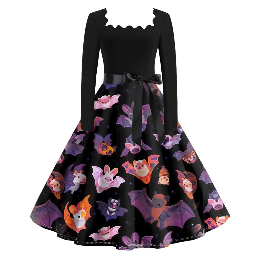 Женское повседневное модное винтажное платье с длинным рукавом и принтом на Хэллоуин