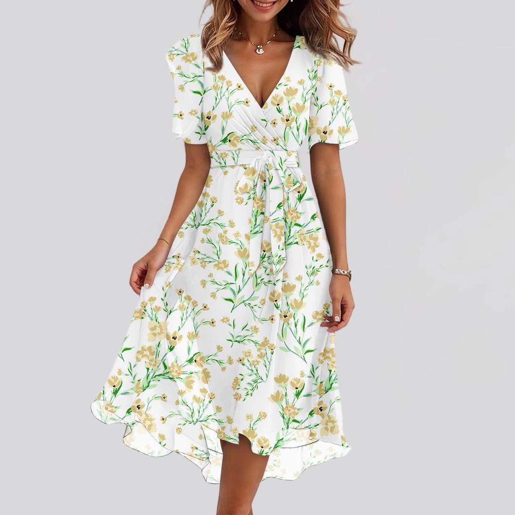 Women's Fashion Casual V Neck Short Sleeve Ruffled Vintage Printed Dresses