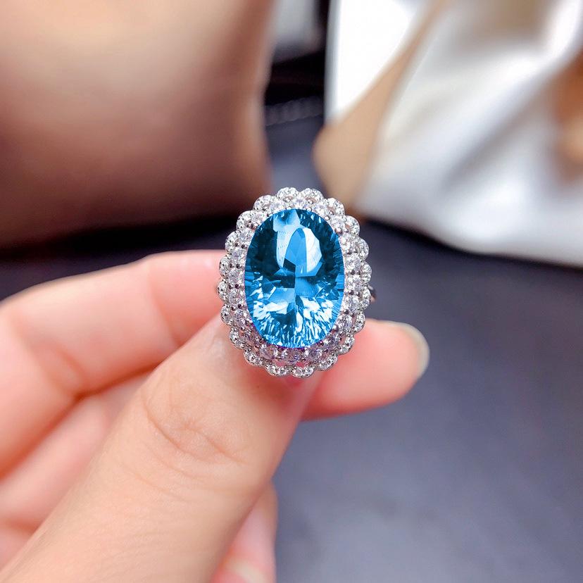 Set Perhiasan Perak Murni 925 Anting-Anting Kancing Liontin Cincin Topas Biru Langit untuk Hadiah Pernikahan Natal Wanita Perhiasan Cantik
