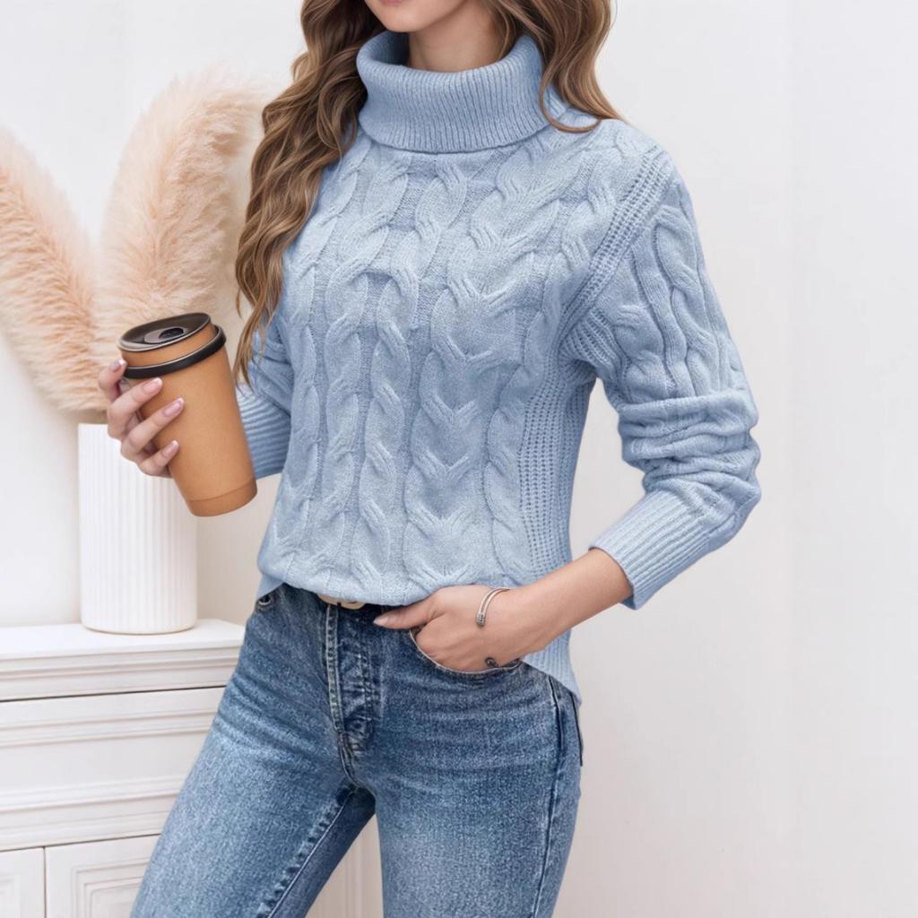 Women's High Collar Sweater - Soft Elastic Pullover, Essential Solid Color Top for Autumn and Winter, Hand Washed, Comfortable and Fitted