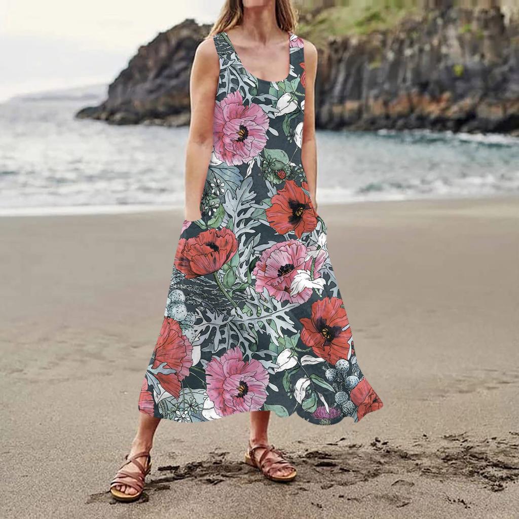 Женское повседневное удобное хлопковое карманное платье без рукавов с цветочным принтом